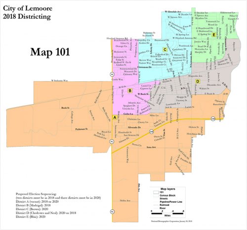 Lemoore public can get first look at draft new city council district election maps One of four sample maps provided by the National Demographics Corp. the firm Lemoore hired to draw new voting districts.